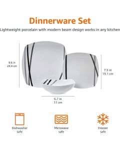 Amazon Basics 18 Piece Kitchen Dinnerware Set - Square Plates, Bowls, Service for 6 - Modern Beams