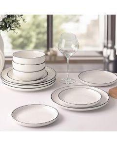 Plates and Bowls Sets for 4,12 Pieces Ceramic Dish set, White Dinnerware Set for Kitchen, Modern Design Plate Sets with Black Rim, Microwave and Dishwasher Safe
