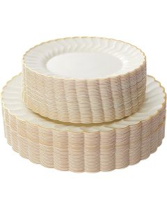Lullaby 60PCS Ivory Scalloped Plastic Plates with Gold Rim, Disposable Elegant Plates Include 30pcs Dinner Plate 10.25", 30pcs Plastic Dessert Plate 7.5", Perfect for Wedding and Party