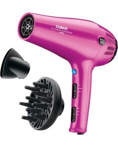 Conair Hair Dryer with Retractable Cord, 1875W Blow Dryer, 3 Heat Settings, 2 Speeds, Blow Dryer with Diffuser and Concentrator Attachments, Ionic + Tourmaline Technology, Pink