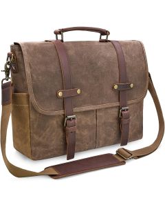 Mens Messenger Bag 15.6 Inch Waterproof Vintage Genuine Leather Waxed Canvas Briefcase Large Leather Computer Laptop Bag Rugged Satchel Shoulder Bag, Brown