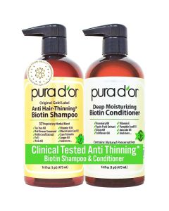 PURA D'OR Anti-Thinning Biotin Shampoo & Conditioner Original Gold Label Set (16oz x2) – CLINICALLY TESTED Formula for Volume, Strength & Thicker-Looking Hair – Helps Reduce Breakage For Women & Men | Deep Moisturizing, Conditioner, CLINICALLY TESTED, Eff