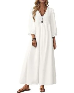 Autumn Solid Loose Long Maxi Dress Cotton Caftan