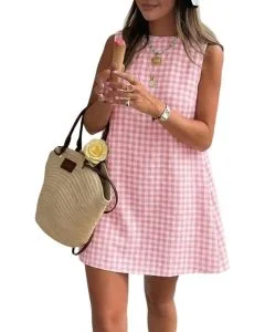 IDEALSANXUN Womens Gingham Dress Spring Summer Beach Boho Sleeveless Mini Sundress