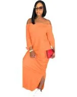 OLUOLIN Women's Casual Letter Print Off Shoulder Long Sleeve Bowknot Sides Slit Loose Long T-Shirt Maxi Dres